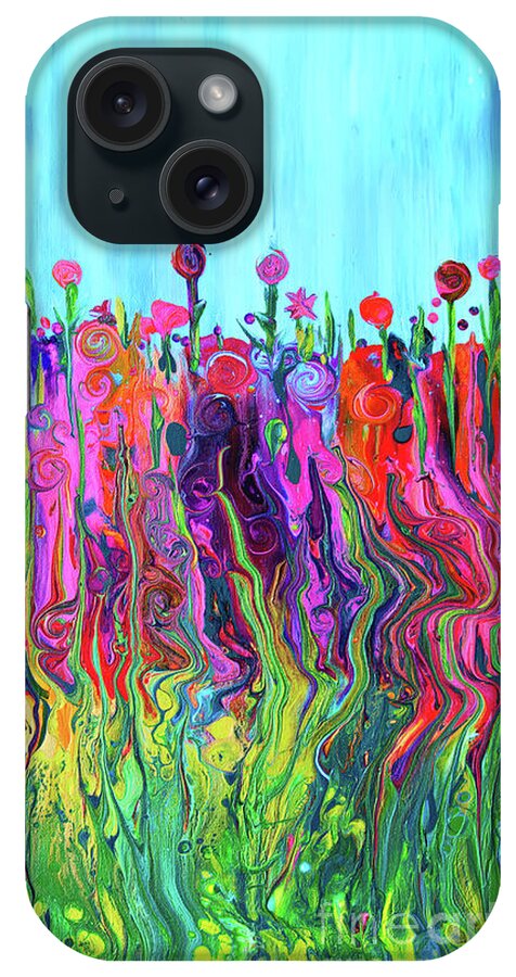 Impressionistic Garden Blue Sky iPhone Case featuring the painting #2555 HappyLittle Garden #2555 by Priscilla Batzell Expressionist Art Studio Gallery