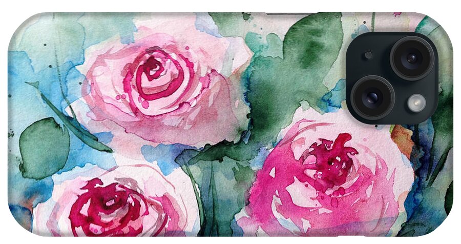 Leaves iPhone Case featuring the painting 3 Pink Roses by Britta Zehm