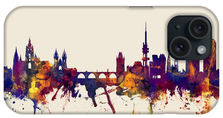 Czech Republic iPhone Case featuring the digital art Prague Praha Czech Republic Skyline #3 by Michael Tompsett
