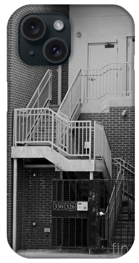 Black White Monochrome Street Stairs City Film Brick Parking Meter Door Gate Fence Hand Handrail Rail Apartment Condo iPhone Case featuring the photograph 330 326 by Ken DePue