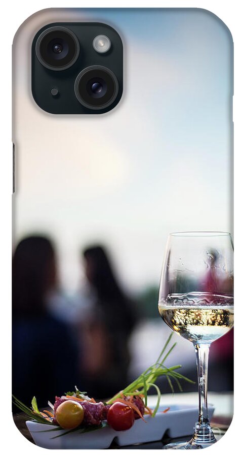 Alcohol iPhone Case featuring the photograph Glass Of White Wine With Gourmet Food Tapa Snacks Outside #4 by JM Travel Photography