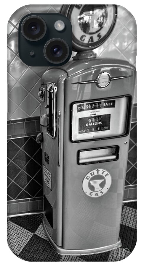 California Adventure iPhone Case featuring the photograph 50's gas pump Bw by Chuck Kuhn