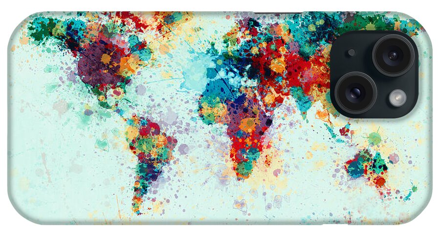 Map Of The World iPhone Case featuring the digital art World Map Paint Splashes #6 by Michael Tompsett