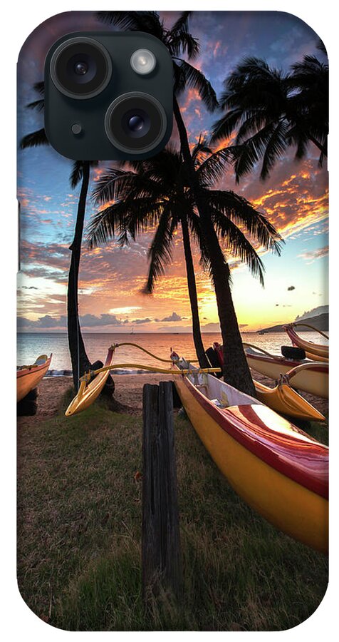 Kihei Maui Hawaii Canoes Palmtrees Sunset Clouds iPhone Case featuring the photograph Kihei Canoes #7 by James Roemmling