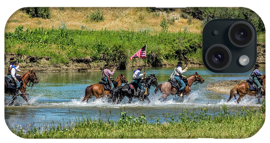 Little Bighorn Re-enactment iPhone Case featuring the photograph 7th Cavalry Riding Across Little Bighorn River by Donald Pash