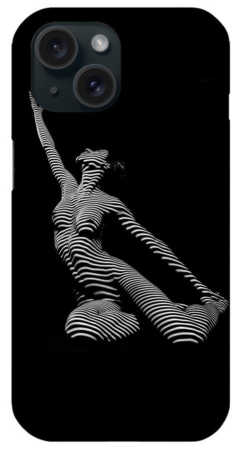 9970-dja iPhone Case featuring the photograph 9970-DJA Zebra Striped Yoga Reaching Sensual Lines Black White Photograph Abstract by Chris Mahert by Chris Maher