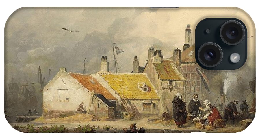 Andreas Achenbach iPhone Case featuring the painting A Dutch Coastal Scene With Fisher's Cottages by MotionAge Designs
