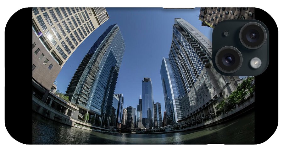 Sun Times Building iPhone Case featuring the photograph A fisheye view of the Chicago skyline as you appraoch wolf point by Sven Brogren