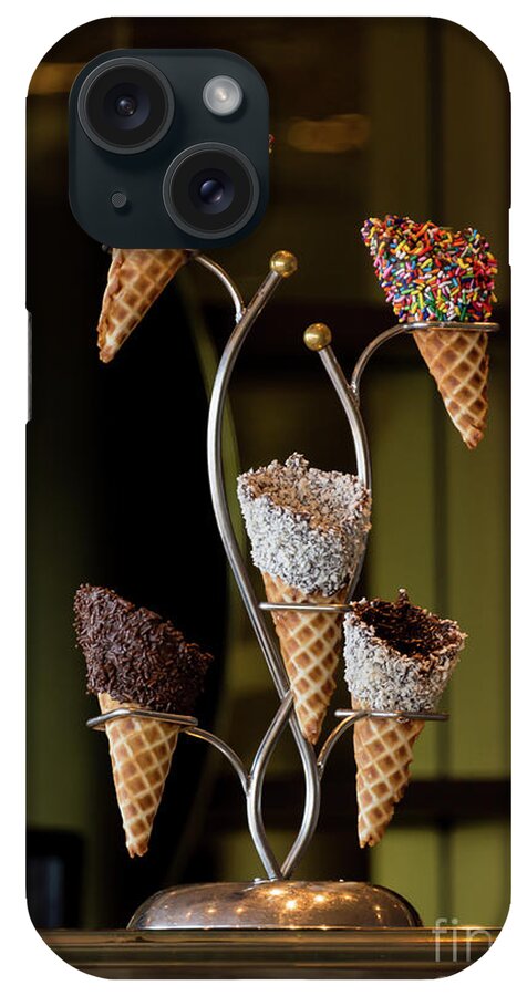 Dessert iPhone Case featuring the photograph A rack of five fancy waffle ice creame cones by Daniel Ryan