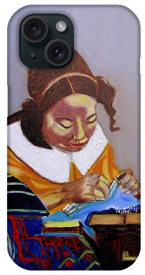 Pastiche iPhone Case featuring the painting A tribute to Vermeer The Lacemaker by Rusty Gladdish
