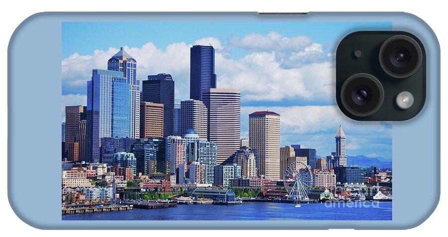 Art From Seattle Urban Scene Downtown Waterfront Landmarks Big Wheel Clouds Skyscrapers Travel Outdoors Unique Pov Home Decor Cityscape Serene West Coast Washington State Variety Of Style City Portrait Metal Frame Wood Print Canvas Print Poster Print Available On Greeting Cards Tote Bags T Shirts Mugs Weekender Tote Bags Pouches Beach Towels Shower Curtains And Phone Cases iPhone Case featuring the photograph A Unique Perspective Of Seattle's Waterfront by Poet's Eye