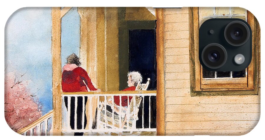 An Elderly Lady Sits In Her Rocking Chair On Her Front Porch While Passing Time With A Visitor. iPhone Case featuring the painting A Visit With Grandma by Monte Toon