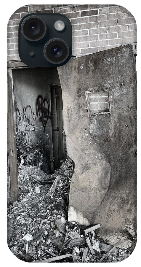 Black White Monochrome Abandoned Factory Abandon Burn Burned Decrepit Door Rubble Destroy Destroyed iPhone Case featuring the photograph Abandoned Factory No 18 1964 by Ken DePue