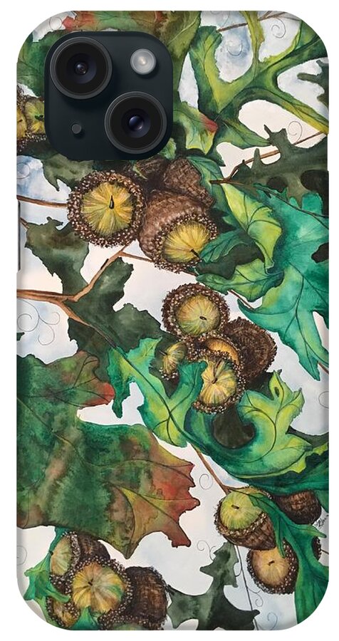Watercolor iPhone Case featuring the mixed media Acorns on an Oak by Mastiff Studios