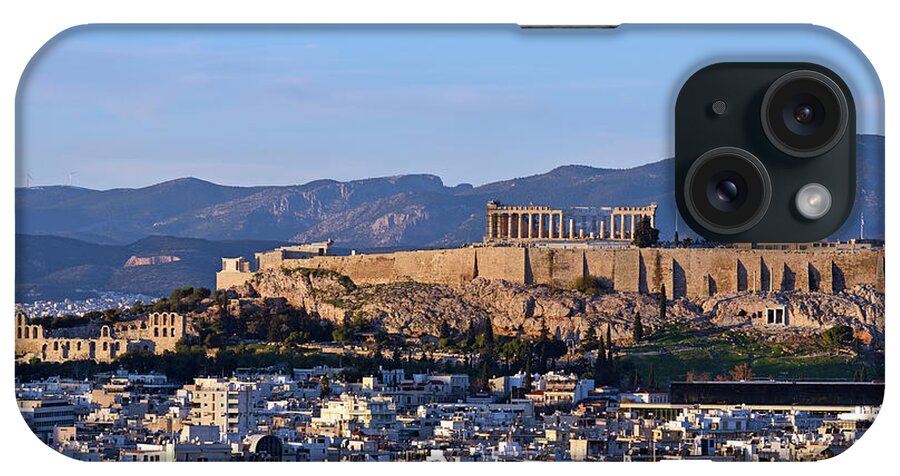 Acropolis; Acropoli; Akropoli; Akropolis; Parthenon; Erechthion; Erechtheion; Monument; Theatre; Theater iPhone Case featuring the photograph Acropolis of Athens and theatre of Herodus Atticus during sunset by George Atsametakis