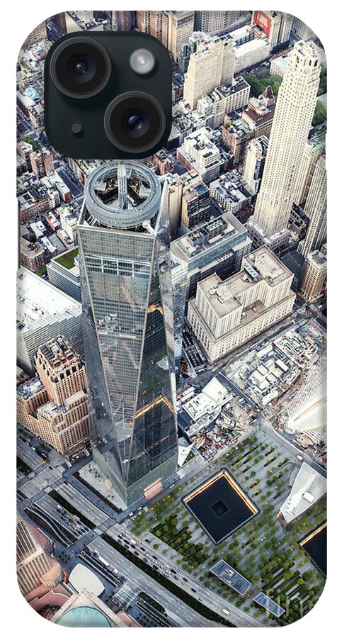 Freedom Tower iPhone Case featuring the photograph Aerial of One World Trade Center and 9/11 memorial, New York, US by Matteo Colombo