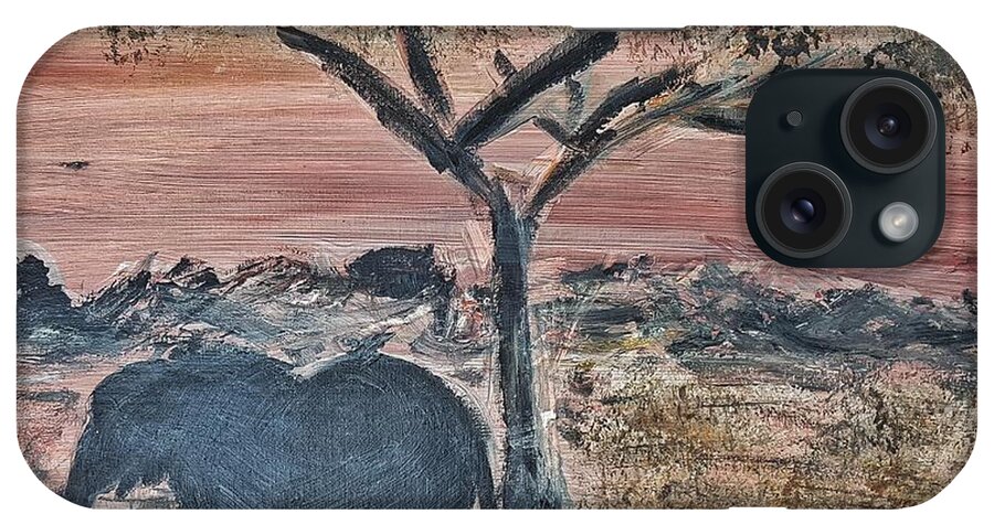 African Landscape iPhone Case featuring the painting African Landscape with elephant and banya tree at watering hole with mountain and sunset grasses shr by MendyZ