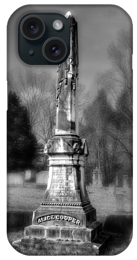 Alice Cooper iPhone Case featuring the photograph Alice Cooper Grave in Black and White by Greg and Chrystal Mimbs