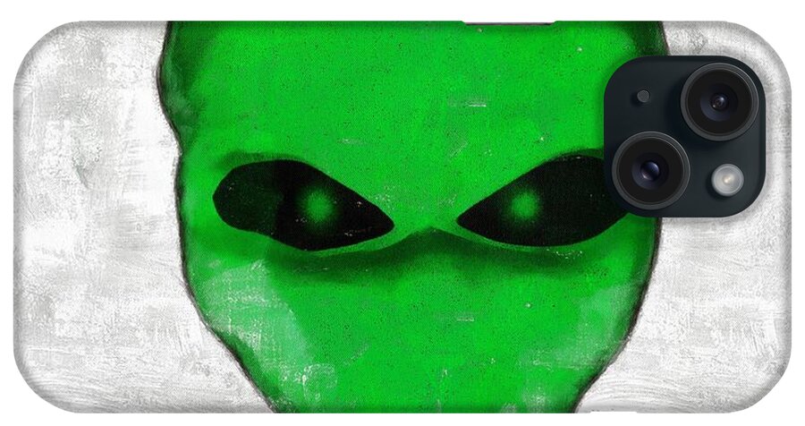 Ufo iPhone Case featuring the painting Alien Green Face by Esoterica Art Agency