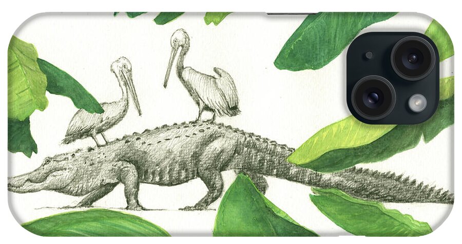 Alligator Art iPhone Case featuring the painting Alligator with pelicans by Juan Bosco