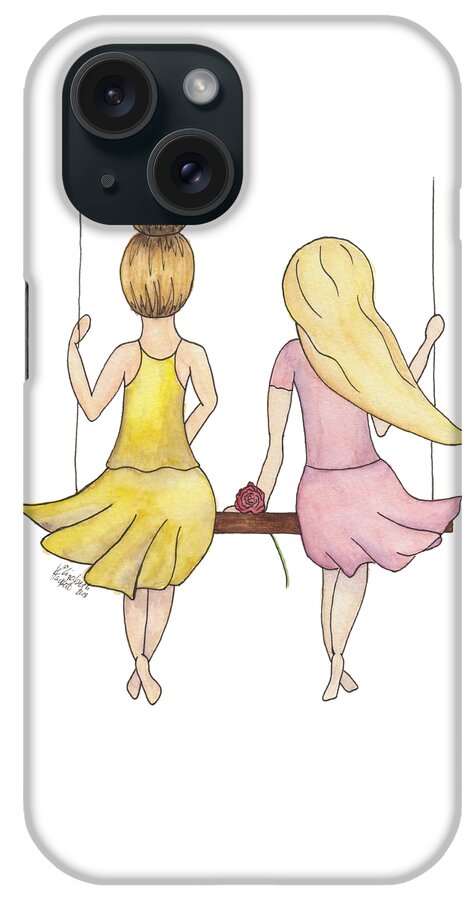 Watercolor Ink Illustration Amelia Lillian Girls Swing Rose Yellow Pink Bun Long Flowing Hair Dirty Blonde Brunette Top Knot Crossed Feet Together Sisters Friends Children iPhone Case featuring the painting Amelia and Lillian by Betsy Hackett