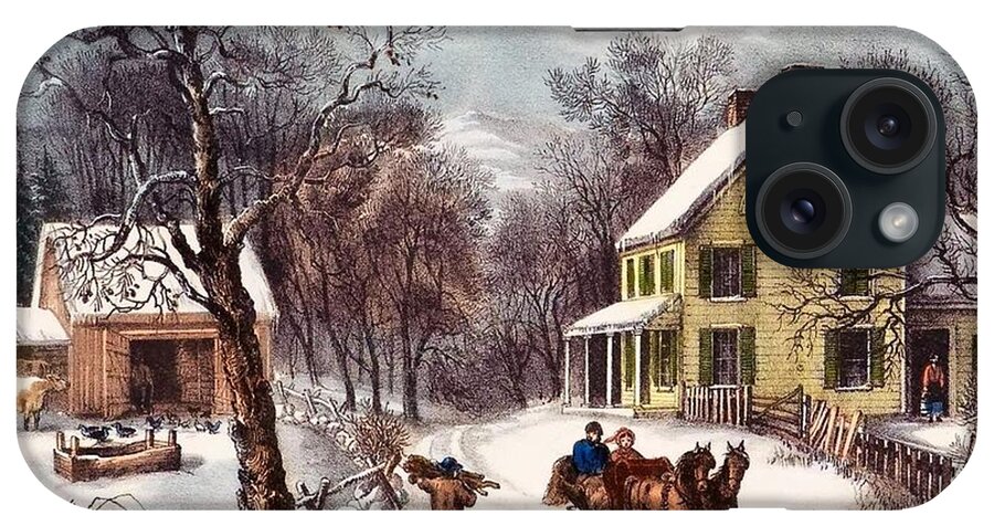 Winter Scene iPhone Case featuring the painting American Homestead by Currier and Ives