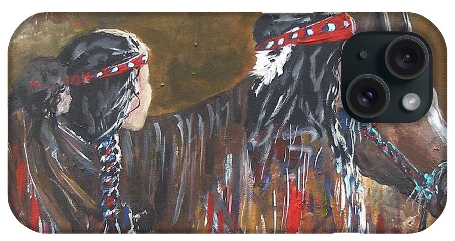 American Indian Family Apache Indians Horse Child Woman Man Walking Brown Sky Mountains Waterfall Wandering Evening Caring Sunset Red Colors Acrylic On Canvas Painting Print Blue Braid Tress Hair Feather American Native Culture Hair Band Baby iPhone Case featuring the painting American Indians Family by Miroslaw Chelchowski