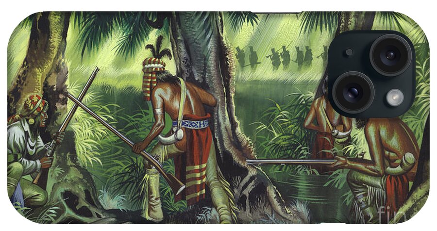 Indian iPhone Case featuring the painting American native indians tracking British soldiers by Ron Embleton