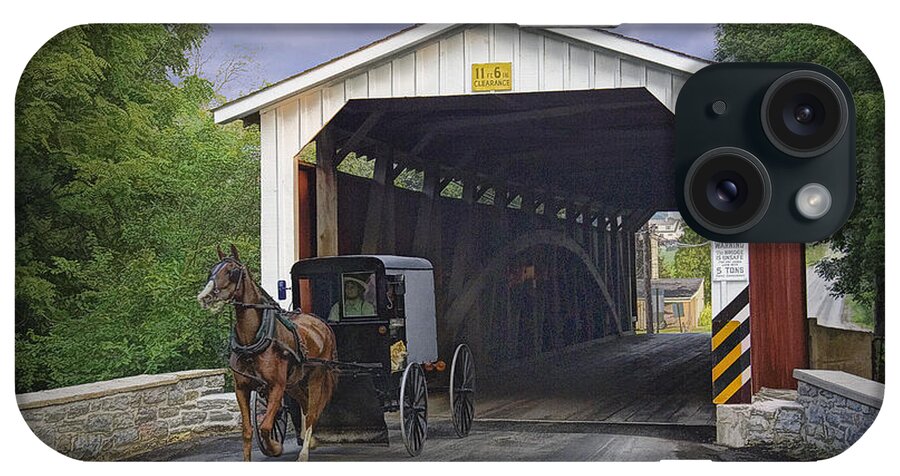 Art iPhone Case featuring the photograph Amish Buggy with covered bridge by Randall Nyhof