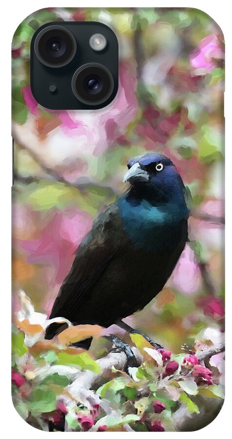 Boat-tailed Grackle iPhone Case featuring the digital art Among the Blooms by Betty LaRue