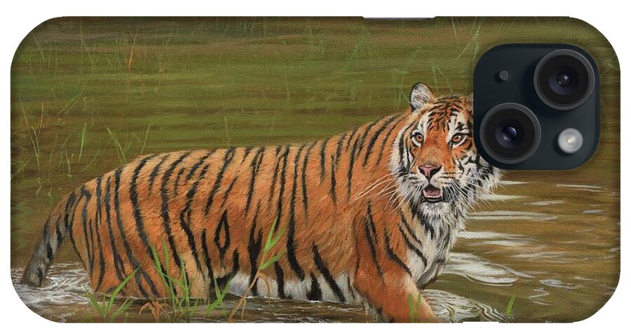 Tiger iPhone Case featuring the painting Amur Tiger Cooling Off by David Stribbling