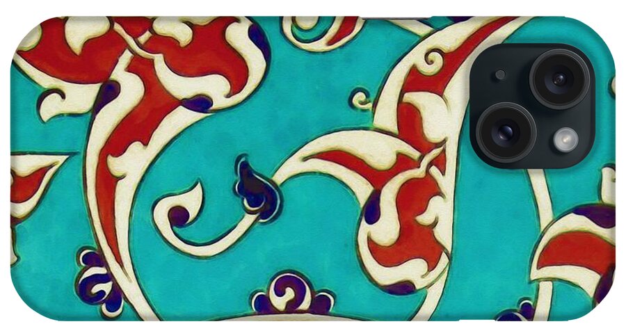 Turkish iPhone Case featuring the painting An Ottoman Iznik style floral design pottery polychrome, by Adam Asar, No 46a by Celestial Images