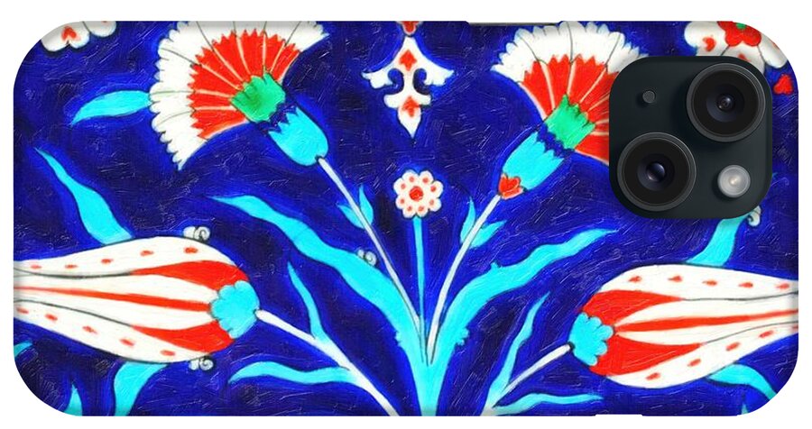 Turkish iPhone Case featuring the painting An Ottoman Iznik style floral design pottery polychrome, by Adam Asar, No 48L painting by Celestial Images