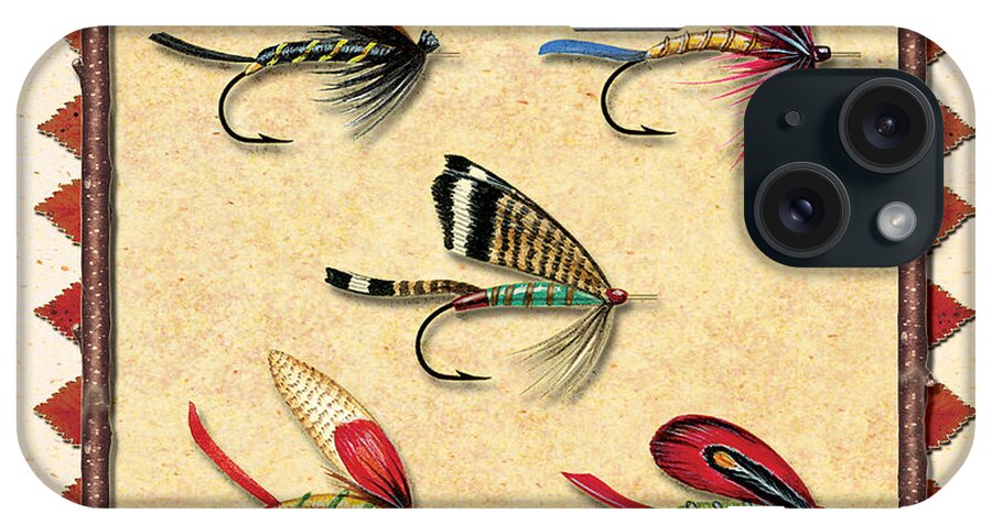 Jon Q Wright Jq Licensing Trout Fly Flyfishing Brown Trout Rainbow Trout Brook Trout Cutthroat Trout Fishing Lodge Cabin iPhone Case featuring the painting Antique Fly Panel Creme by JQ Licensing