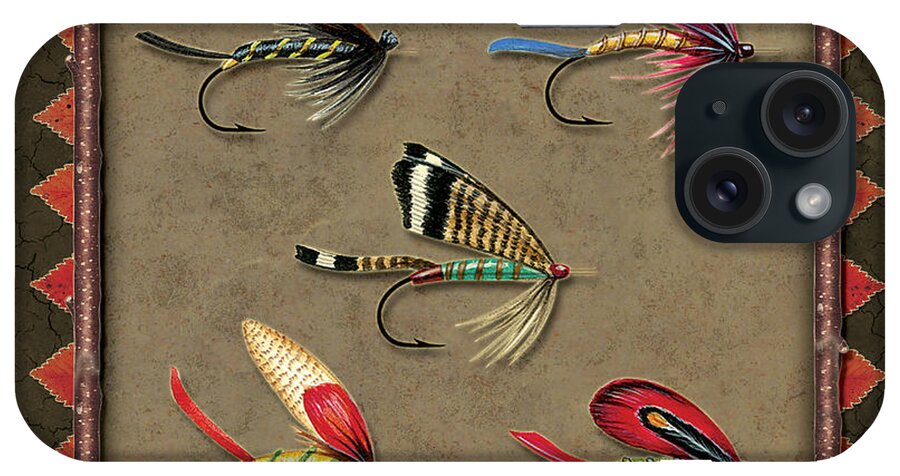 Jon Q Wright Jq Licensing Trout Fly Flyfishing Brown Trout Rainbow Trout Brook Trout Cutthroat Trout Fishing Lodge Cabin iPhone Case featuring the painting Antique Fly Panel by JQ Licensing