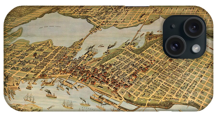Antique Birds Eye View Map Of The Vancouver iPhone Case featuring the drawing Antique Maps - Old Cartographic maps - Antique Birds Eye View Map of the City of Vancouver, 1898 by Studio Grafiikka