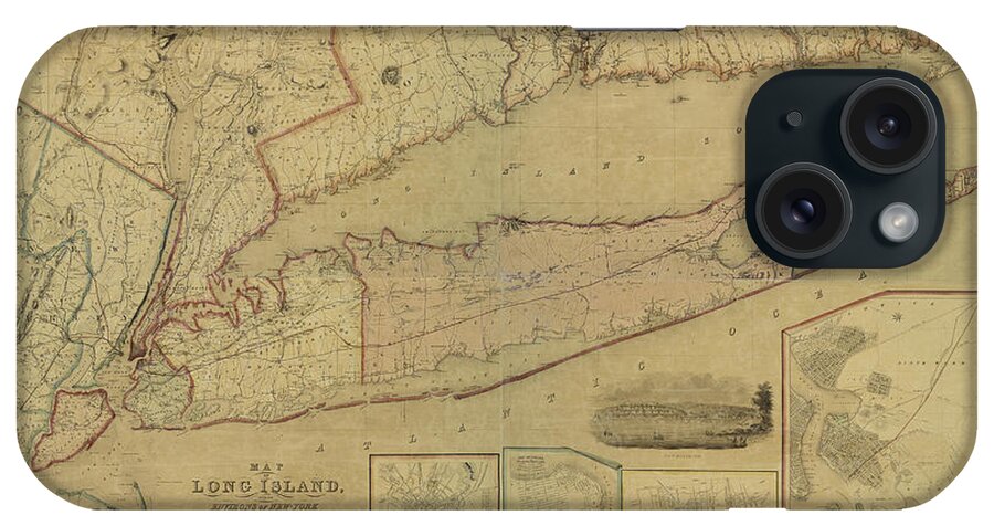 Antique Map Of Long Island iPhone Case featuring the drawing Antique Maps - Old Cartographic maps - Antique Map of Long Island, New York, Connecticut, 1844 by Studio Grafiikka