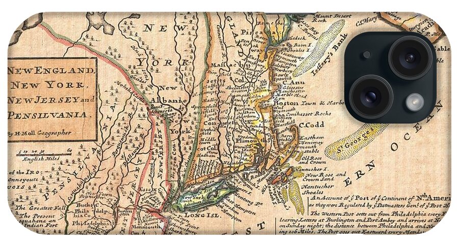 Antique Map Of New York iPhone Case featuring the drawing Antique Maps - Old Cartographic maps - Antique Map of New York, New England and Pennsylvania, 1729 by Studio Grafiikka