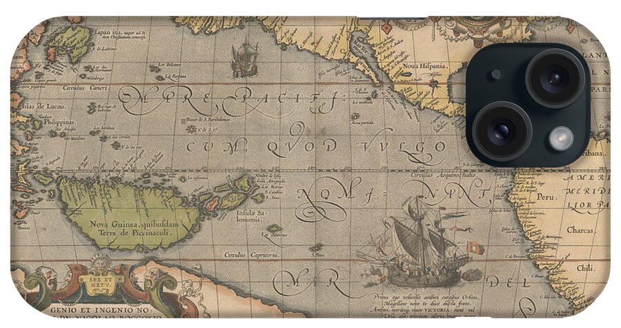 Antique Map Of The Pacific Ocean iPhone Case featuring the drawing Antique Maps - Old Cartographic maps - Antique Map of the Pacific Ocean - Mar Del Zur, 1589 by Studio Grafiikka