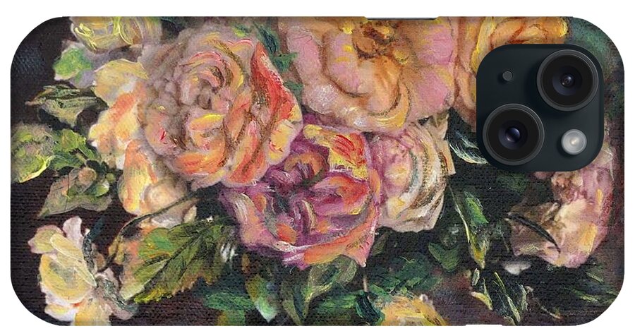 Apricot iPhone Case featuring the painting Apricot Roses in Green Vase by Ryn Shell