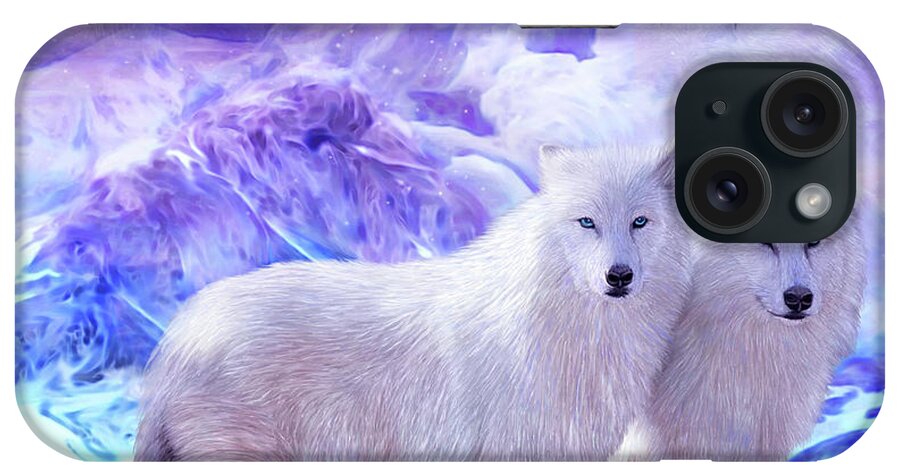 Carol Cavalaris iPhone Case featuring the mixed media Arctic Wolf Mates by Carol Cavalaris