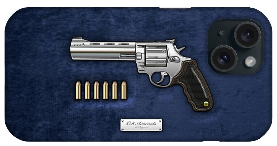 'the Armory' Collection By Serge Averbukh iPhone Case featuring the digital art .44 Magnum Colt Anaconda with Ammo on Blue Velvet #44 by Serge Averbukh
