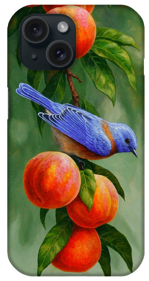 Birds iPhone Case featuring the painting Bird Painting - Bluebirds and Peaches by Crista Forest