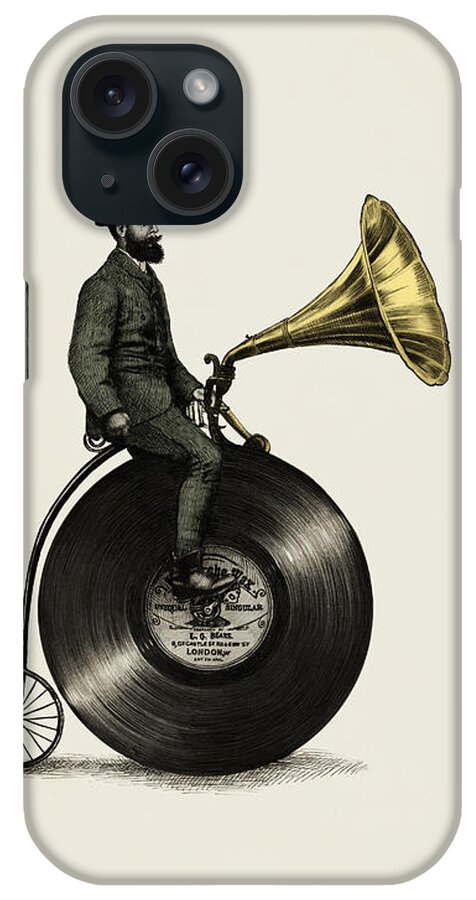Music Vintage Vinyl Record Victorian Top Hat Gramophone Victrola Nostalgic Cycling Penny Farthing Moustache iPhone Case featuring the drawing Music Man by Eric Fan