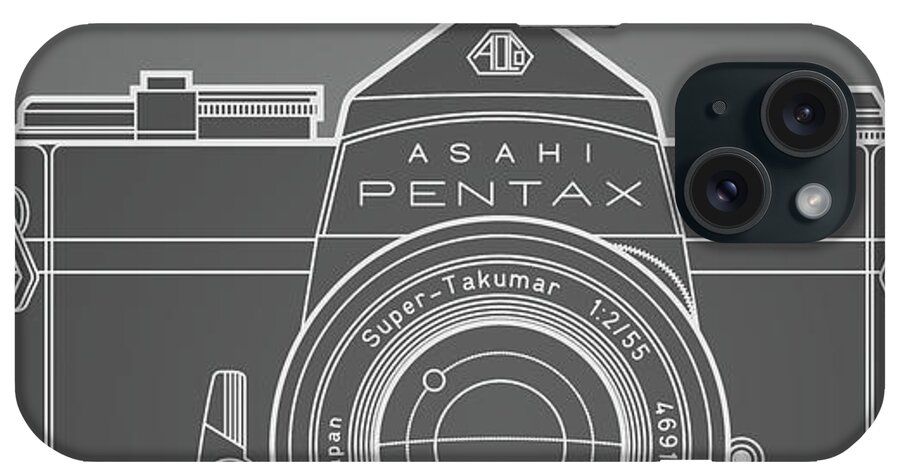 Camera iPhone Case featuring the digital art Asahi Pentax 35mm Analog SLR Camera Line Art Graphic White Outline by Tom Mayer II Monkey Crisis On Mars