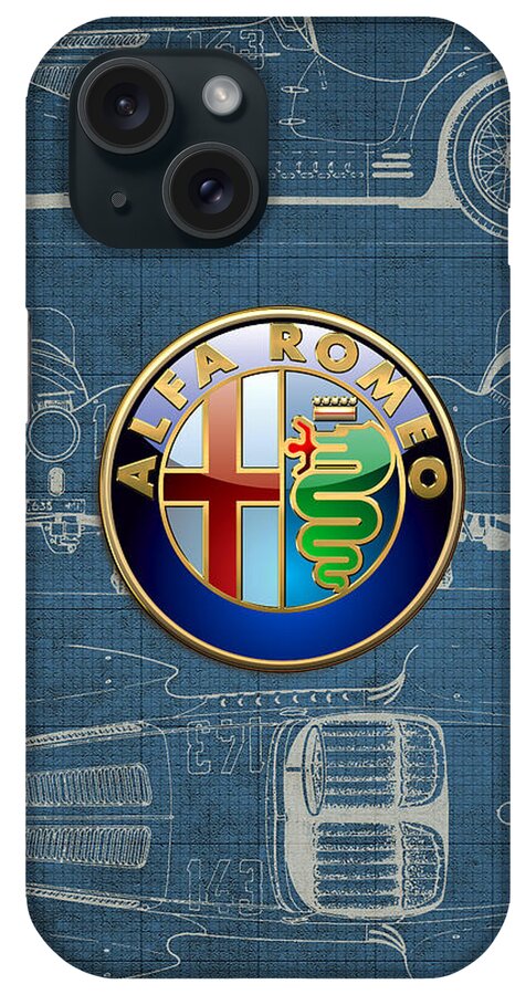 wheels Of Fortune By Serge Averbukh iPhone Case featuring the photograph Alfa Romeo 3 D Badge over 1938 Alfa Romeo 8 C 2900 B Vintage Blueprint #1 by Serge Averbukh