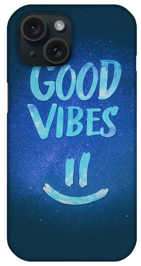 Good Vibes iPhone Case featuring the digital art Good Vibes Funny Smiley Statement Happy Face Blue Stars Edit by Philipp Rietz