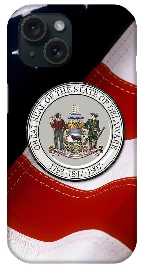 'state Heraldry' Collection By Serge Averbukh iPhone Case featuring the digital art Delaware State Seal over U.S. Flag by Serge Averbukh