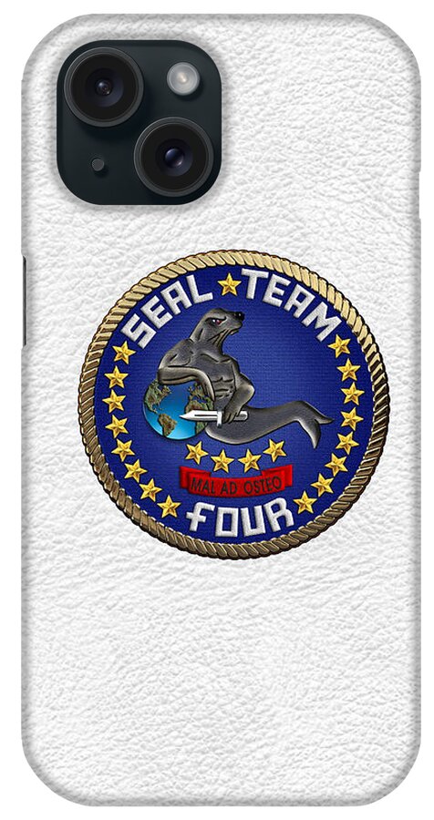 'military Insignia & Heraldry - Nswc' Collection By Serge Averbukh iPhone Case featuring the digital art U. S. Navy S E A Ls - S E A L Team Four - S T 4 Patch over White Leather by Serge Averbukh