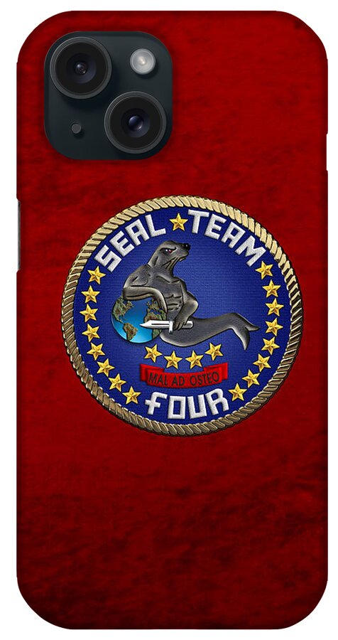 'military Insignia & Heraldry - Nswc' Collection By Serge Averbukh iPhone Case featuring the digital art U. S. Navy S E A Ls - S E A L Team Four - S T 4 Patch over Red Velvet by Serge Averbukh